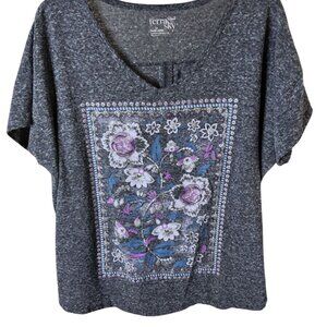 Terra Sky Womens Floral Glitter Graphic V-Neck Short Sleeve Tee
